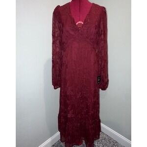 Lulus Womens Floral Essential Grace Burgundy Chiffon Embroidered Midi Dress L‎